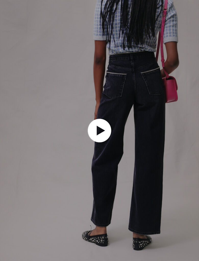 Jeans met wijde pijpen en strass-steentjes - Zwart