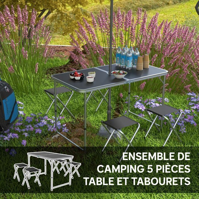 Ensemble table et chaise de camping - Outsunny - Table 4 chaises Pliantes - Hauteur table réglable, Trou de parasol - Gris foncé