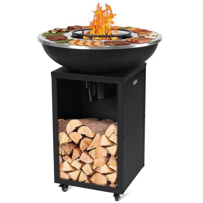 KOTEZU Barbecue Charbon 67cm avec Plancha, Grille Centrale 28cm, Bac à Cendres Amovible, avec Roues, pour Jardin Terrasse