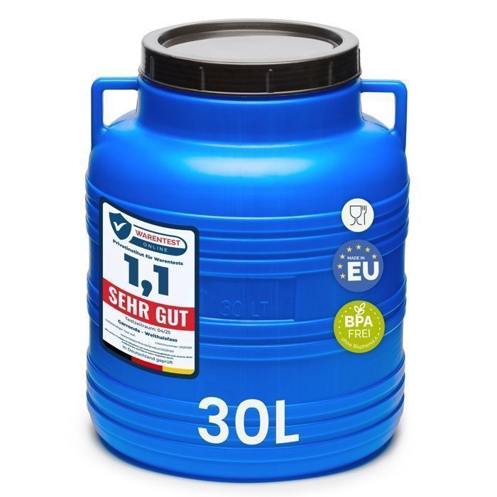 Garronda, bidón de plástico HDPE azul de 30 litros apto para uso alimentario con sistema de recogida de agua de lluvia para jardín GD-0078