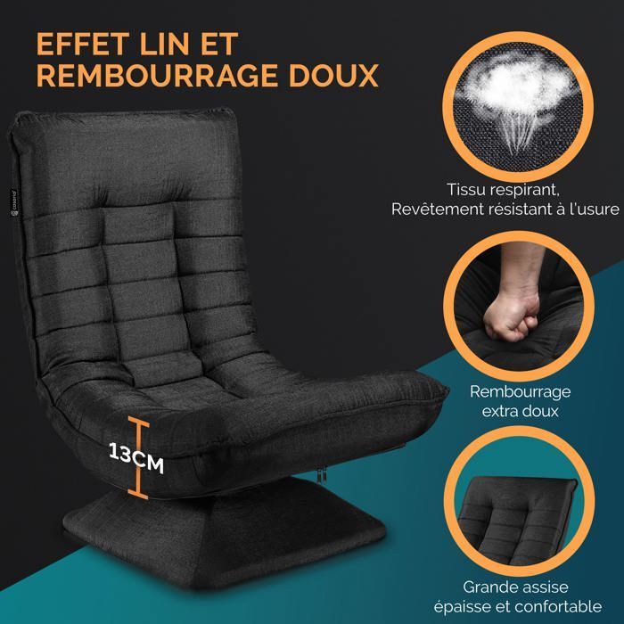 CASARIA® Fauteuil tout confort pivotant à 360° Noir capacité de charge de 150kg siège de gaming 58x57x84/87cm relaxation