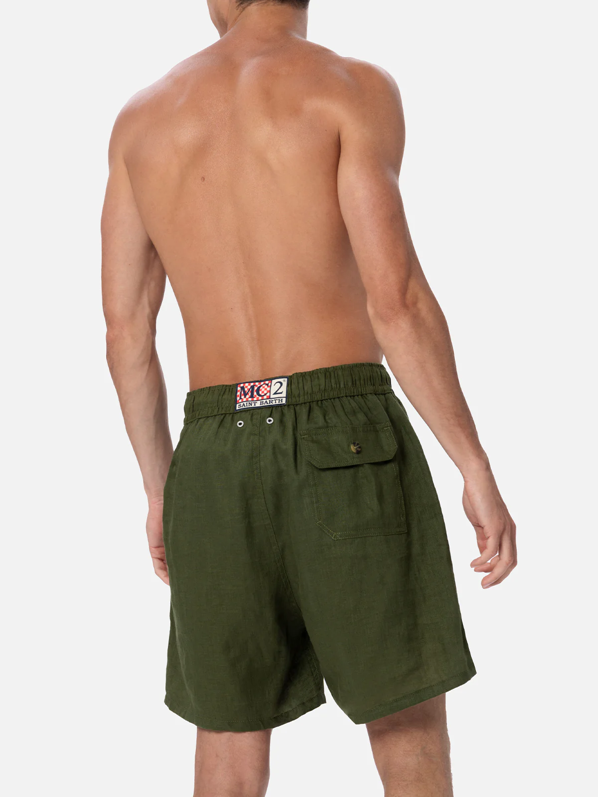 Costume da bagno da uomo di media lunghezza in lino verde militare Gus