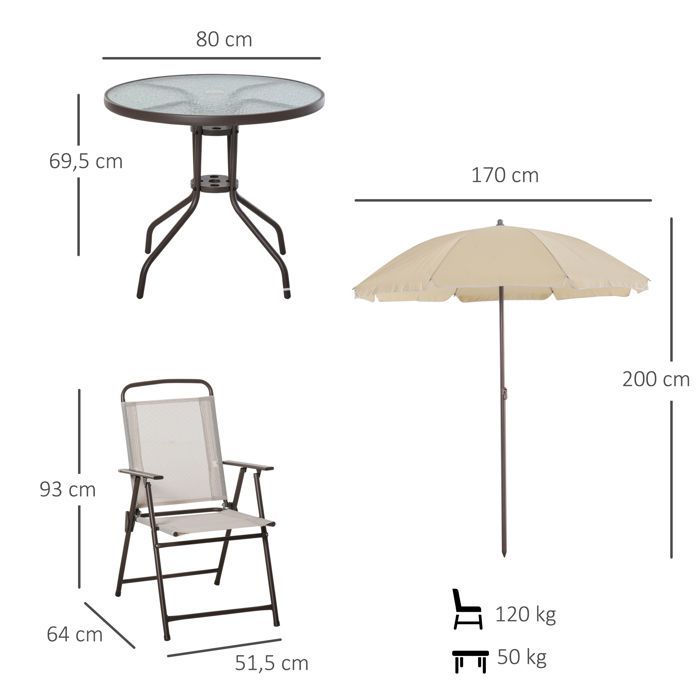 Outsunny garden furniture set - 6 pieces, round table, 4 folding chairs, parasol - steel - beige