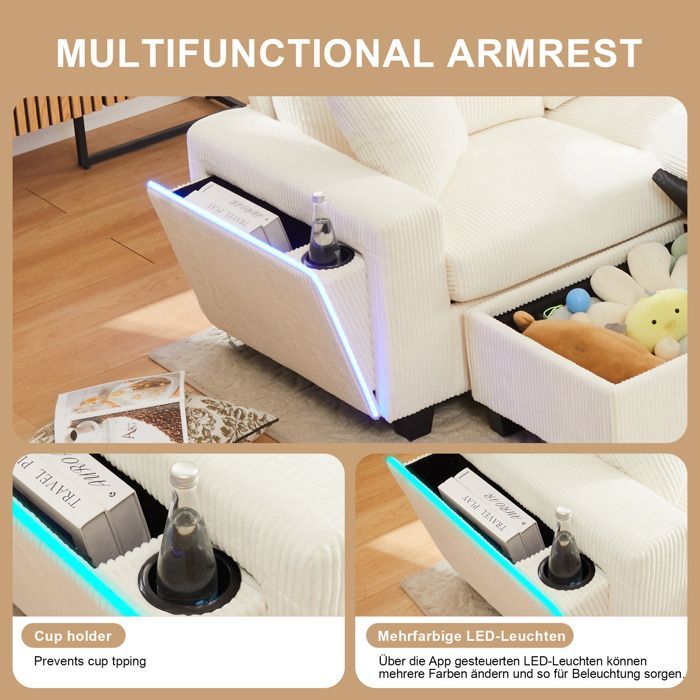 Muunneltava U-muotoinen kulmasohva, jossa jalkatuki, säilytystilaa, lukulamppu, mukitelineet ja USB/Type-C-liitännät, beige