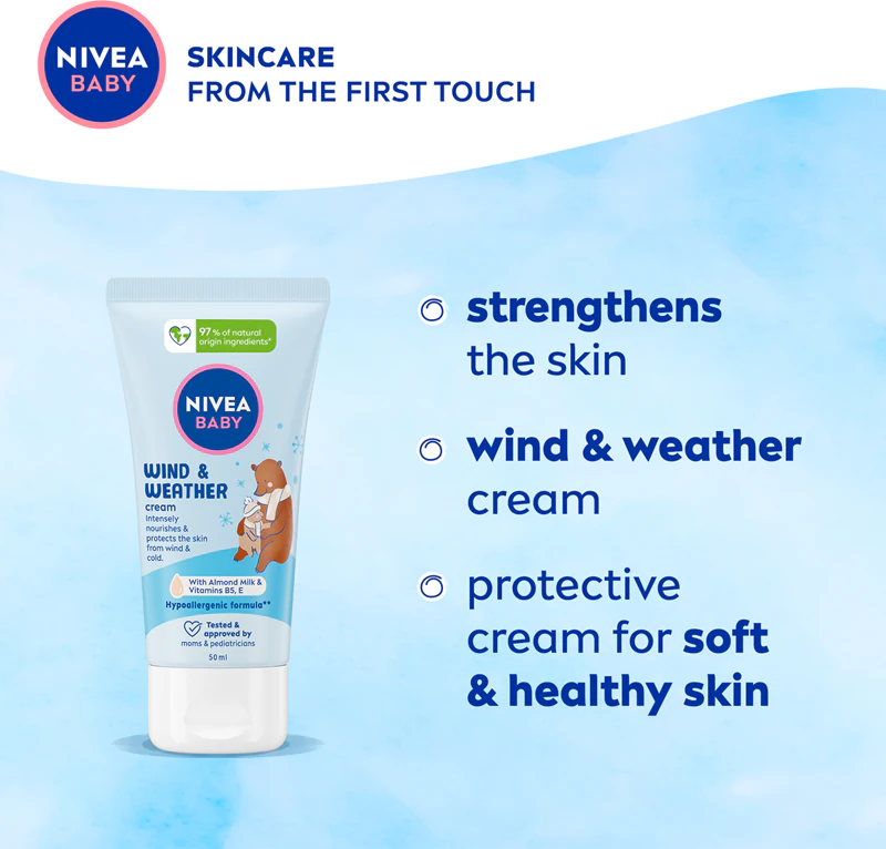 creme NIVEA BABY Wind & Weather protege contra o frio e o vento.