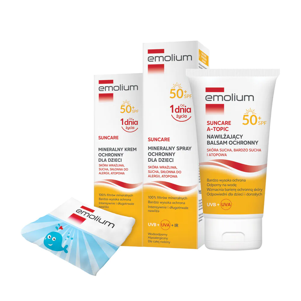 Emolium Suncare Zestaw Krem SPF50 + Spray SPF50 + A-Topic Balsam + Ręcznik