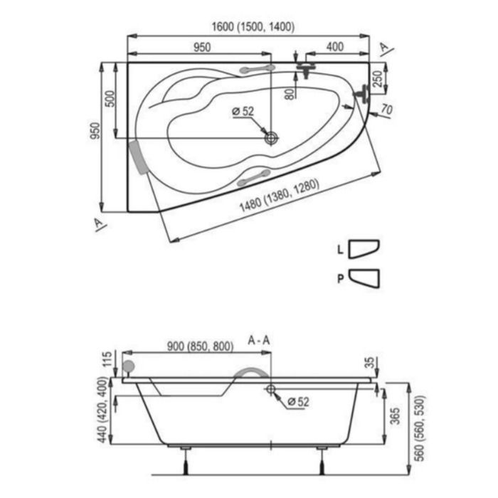 Siko - 140 x 95 cm Luiza space-saving corner bathtub, left-hand orientation, acrylic, without feet, white (LU1400L)