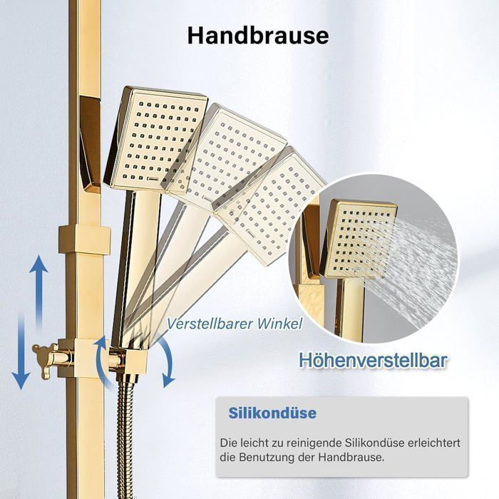 Goldene Duschsäule, Duschsystem, Duschset, Wandbrause-Set, höhenverstellbar 750–1100 mm mit Handbrause