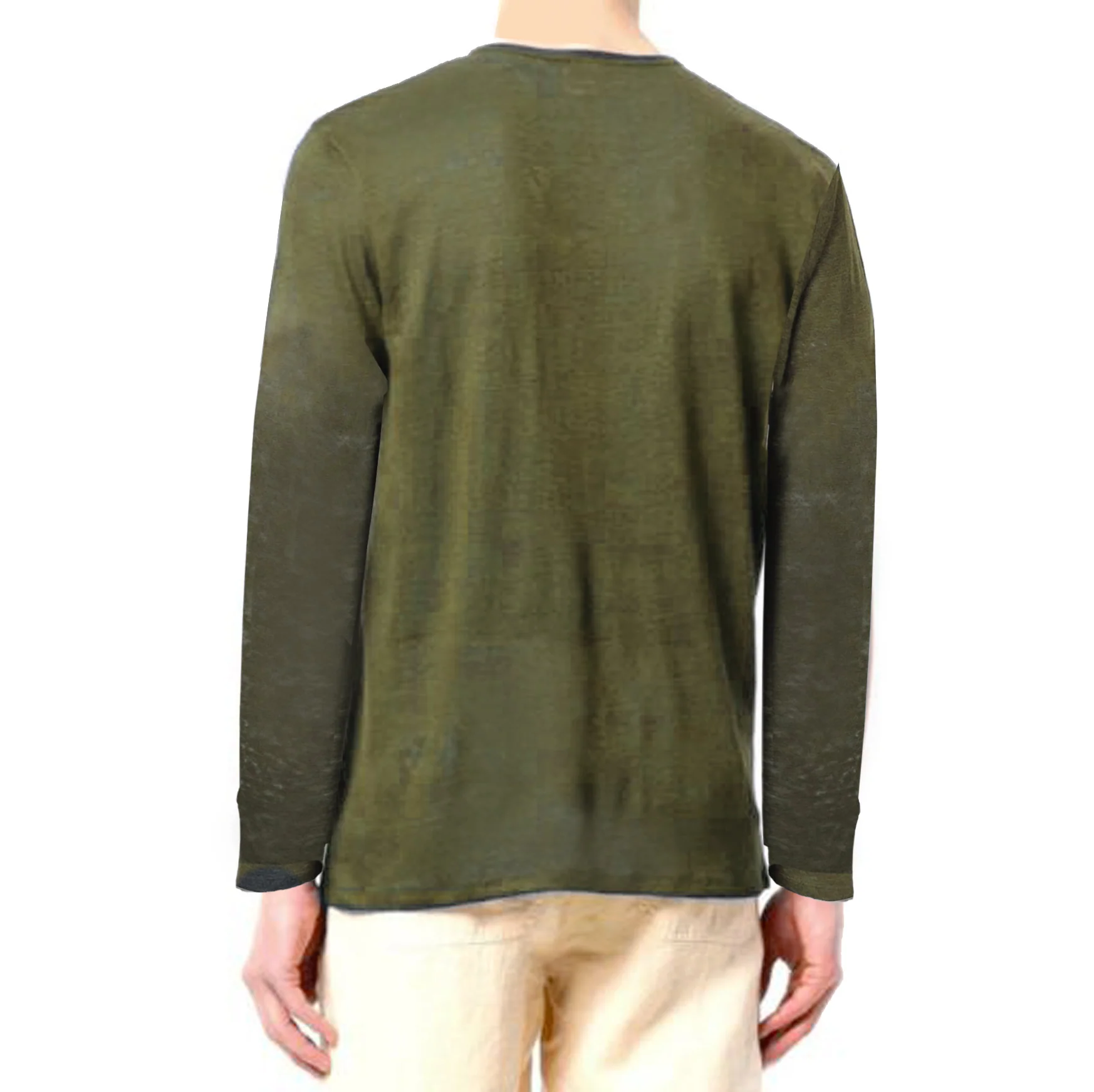 Heren legergroen linnen T-shirt met lange mouwen