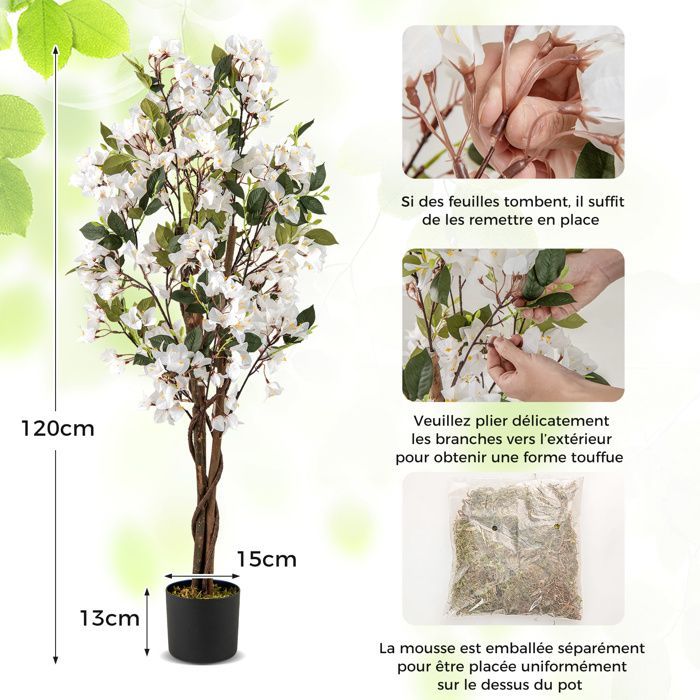 Arbre Artificielle Interieur Bougainvillier -RELAX4LIFE - 120CM - 360 Fleurs - 40 Feuilles - 3 Branches - 2 Rotins et Mousse -Blanc