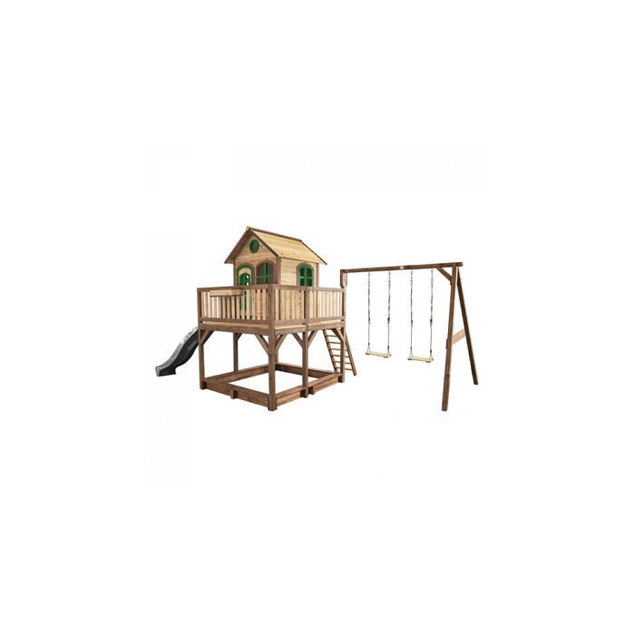 Casita de juegos infantil AXI Liam con arenero, 2 columpios y tobogán, gris | Zona de juegos exterior en marrón y verde