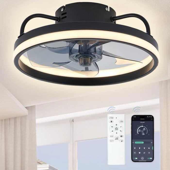Ventilador de teto com luz, controle remoto de 6 velocidades, ventilador de cozinha com luz - PRETO