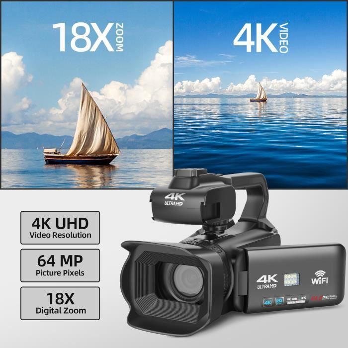 Videocamera NBD, 4K 64MP con messa a fuoco manuale, touchscreen da 4,0