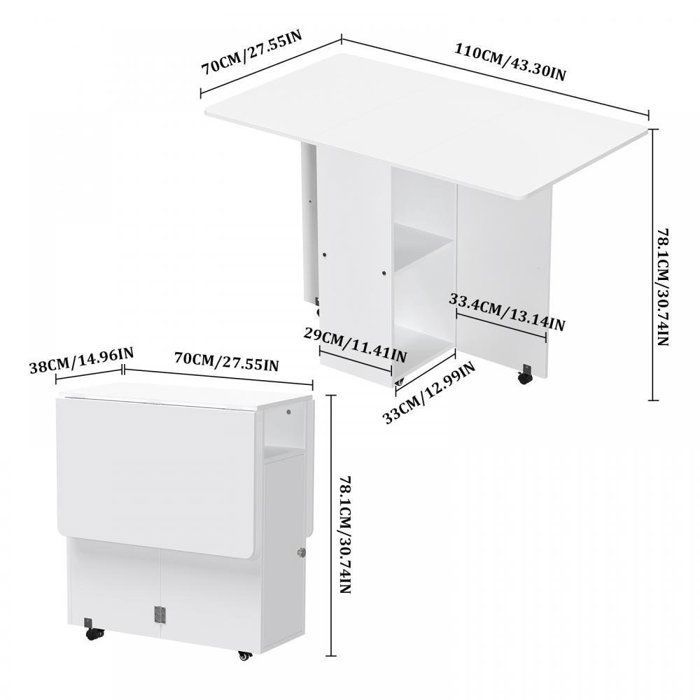 Mesa de comedor MIPAN - Mesa de comedor plegable para cocina - Con ruedas + compartimento de almacenamiento - 110 x 70 x 78 cm - Blanca