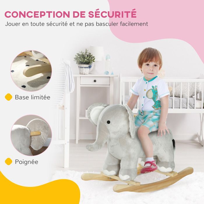 Caballito balancín infantil, juguete balancín de peluche con forma de elefante, con efectos de sonido, con asas, color gris.