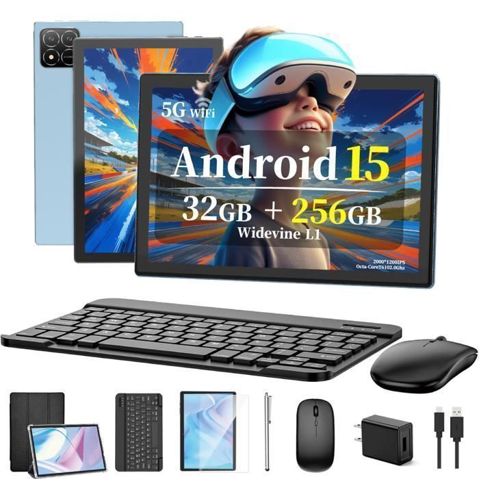 Tabletă tactilă TAKINURU de 10,1 inci, Android 15, 32 GB + 256 GB, Octa-Core, Wi-Fi 5G, port Type-C, baterie de 8000 mAh, albastră