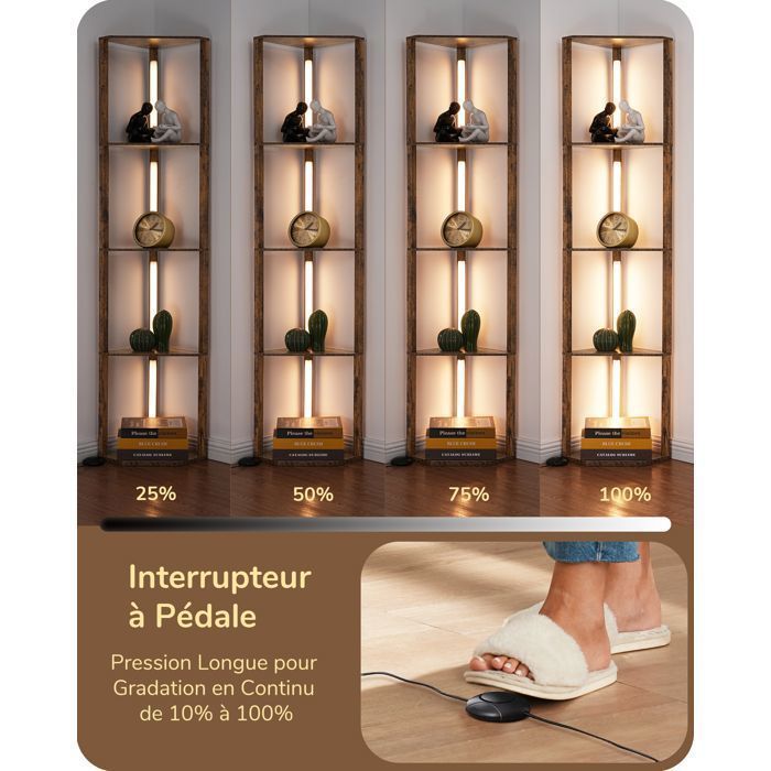 Lámpara de pie LED regulable EDISHINE para salón con estantes, 3 temperaturas de color, interruptor de pie, 163 cm de altura, nogal medio.