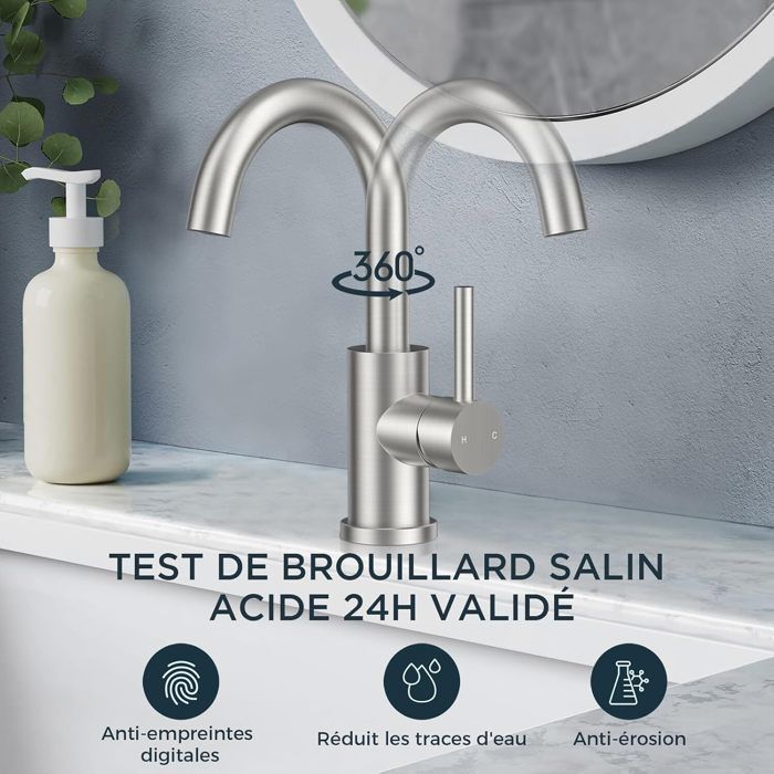 Grifo giratorio de 360° para baño/cocina, mezclador de lavabo de níquel cepillado, fácil de instalar.