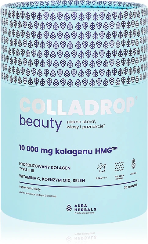 „Aura Herbals Colladrop Beauty“ kolagenas HMG 10 000 mg maisto papildas – jūrinis kolagenas gražiems plaukams, odai ir nagams