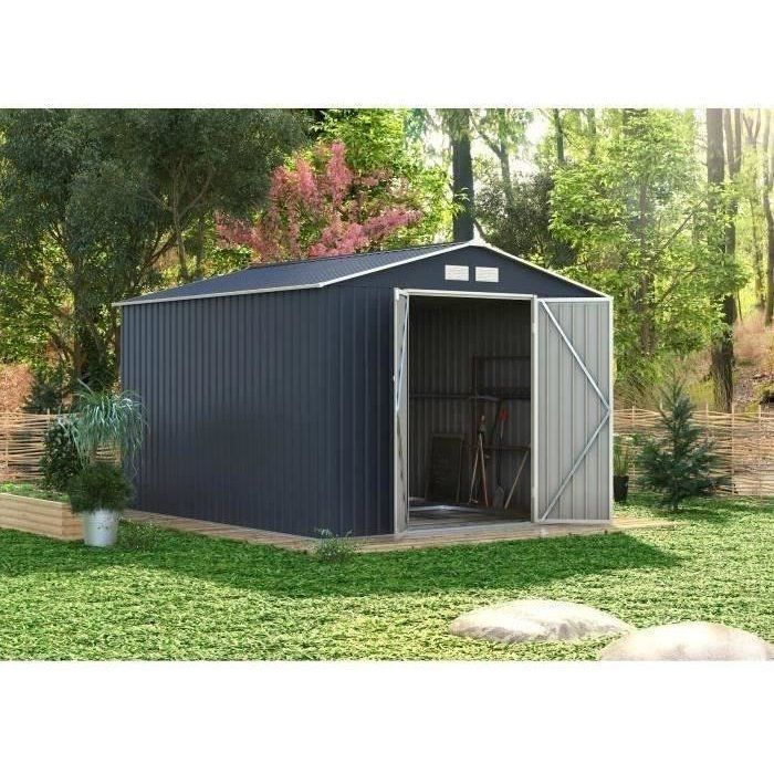 Casetta da giardino in metallo da 8,84 m² - 277 x 319 x 202 cm - VELASCO - Kit di ancoraggio incluso, 2 ante a battente - Grigio