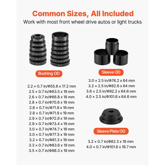Kit de prensado de cojinetes de rueda delantera VEVOR de 23 piezas - Herramientas para extracción de cojinetes FWD - para desmontaje y montaje, Automotriz