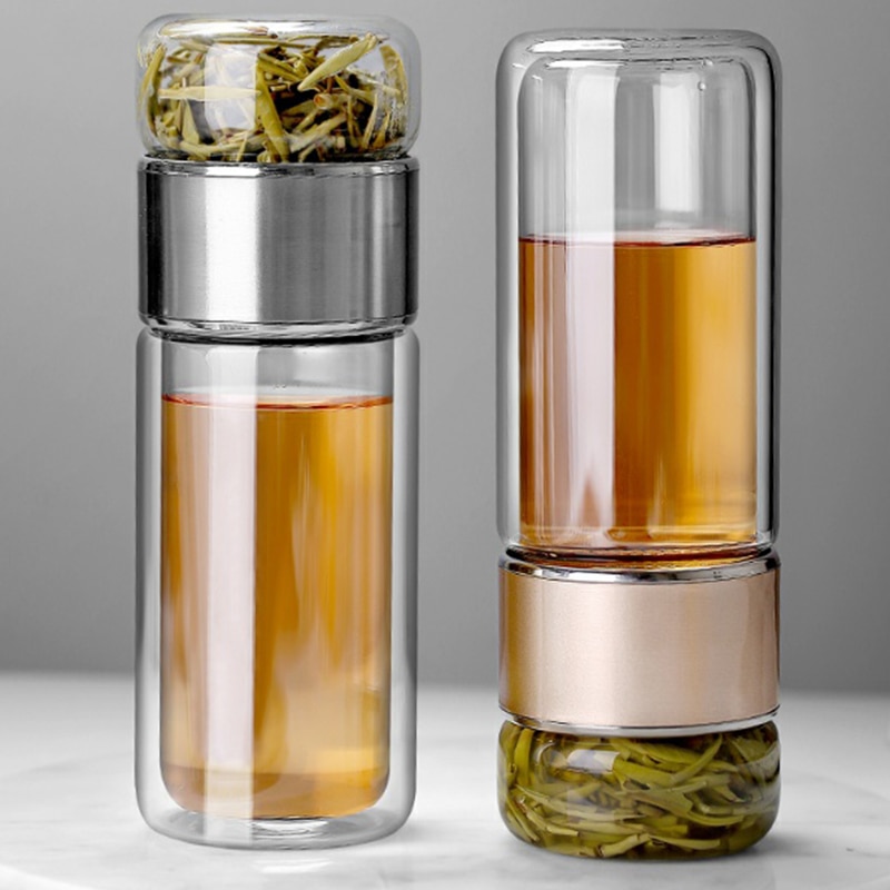 390 ml Tee-Wasserflasche aus hochwertigem Borosilikatglas, doppelwandig, mit integriertem Tee-Sieb und Teefilter