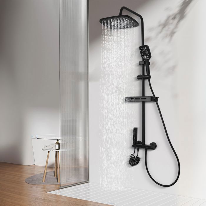 Columna de ducha termostática MASTER, ajuste multimodo, ducha de mano flexible, altura regulable, color negro.