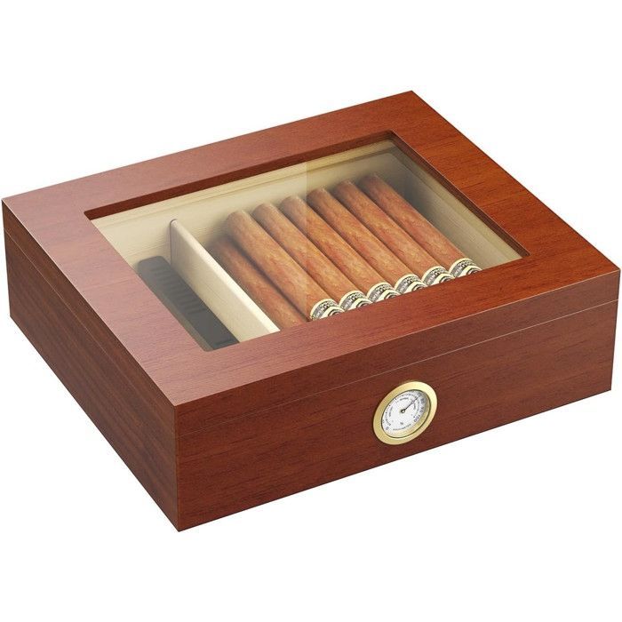 Humidor per sigari in legno di cedro con umidificatore, igrometro e coperchio in vetro per 20-25 sigari, colore marrone.