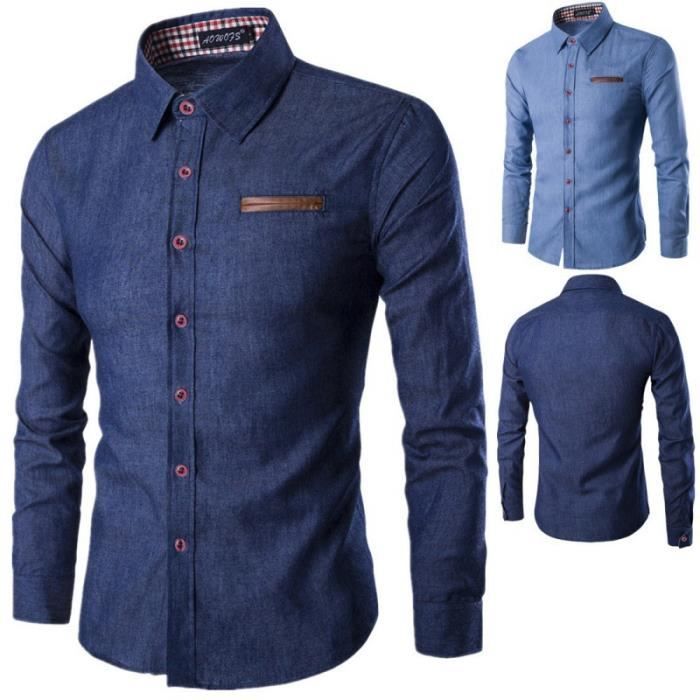 Camicia da uomo in denim, maniche lunghe, colletto classico, vestibilità slim, primavera - blu scuro - INSFITY - vestibilità slim - denim di cotone