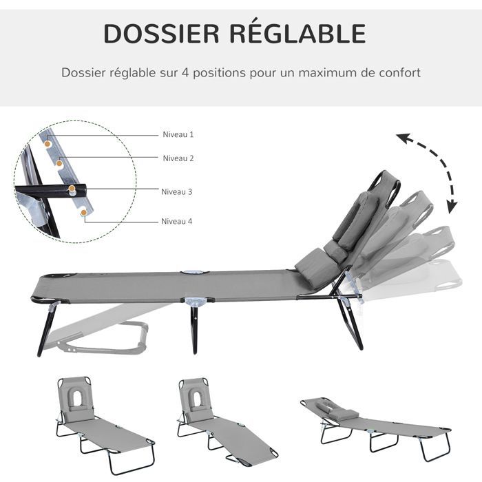 Tumbona plegable Outsunny, reclinable en 4 posiciones, silla de lectura, incluye 3 cojines, color gris.