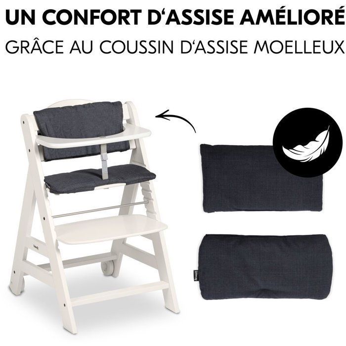 Chaise haute - HAUCK - BETA+ - Evolutive - De 6 mois à 90 kg - Bois FSC - Harnais 5 points - Roulettes - Blanc