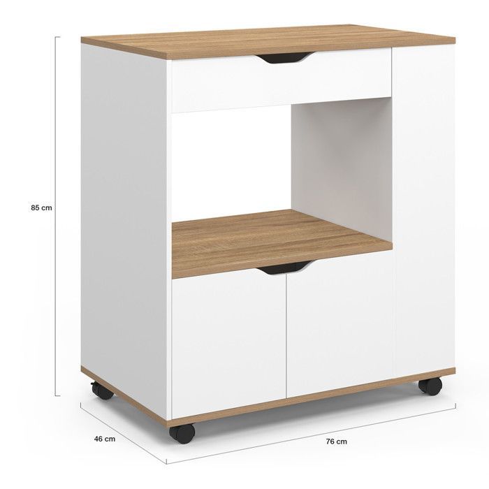 IDMARKET Desserte micro-onde de cuisine COSI placard avec tiroir et étagères à épices bois blanc et plateaux façon hêtre L.76 cm