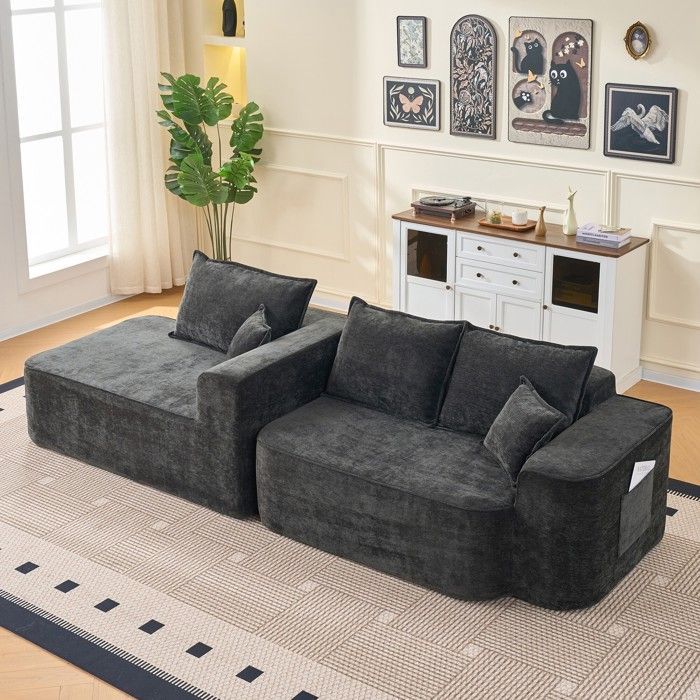 Canapé d’angle modulable XXL 264 cm, canapé nuage sans montage, tissu chenille noir, assise profonde, convertible salon