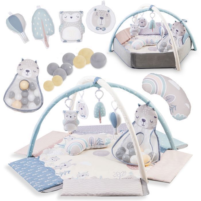 MoMi PASTEL – Alfombra de actividades 2 en 1 para bebés – Área de juegos o piscina de bolas – Juguetes sensoriales – Cojín y bolsa – Tonos pastel