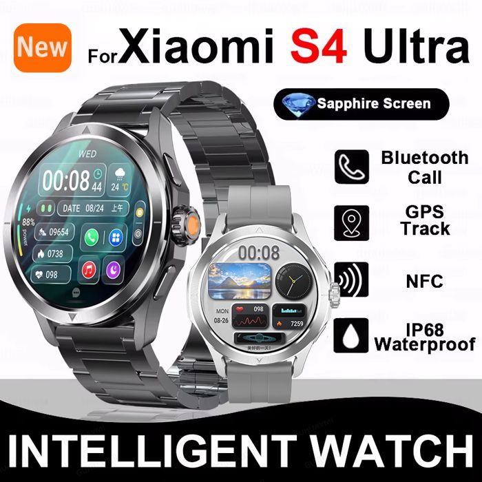 Per Xiaomi S4 Ultra, smartwatch sportivo da esterno da uomo con schermo AMOLED, NFC, GPS, impermeabile, chiamate Bluetooth, colore nero e acciaio 2A