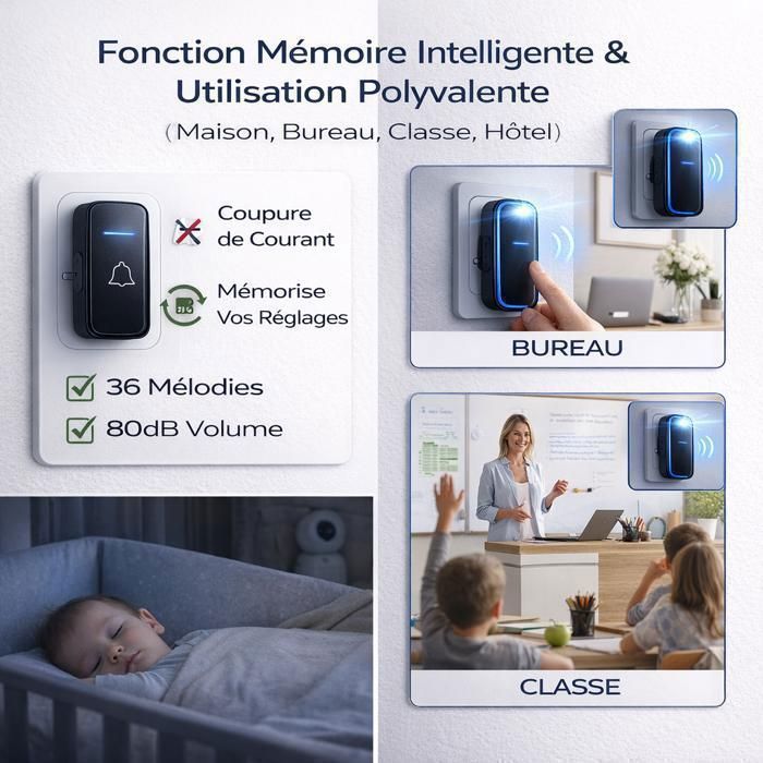 Campanello senza fili, 1 trasmettitore e 2 ricevitori a spina, portata 300 m, 38 melodie, 4 livelli di volume, luce LED lampeggiante, nero.