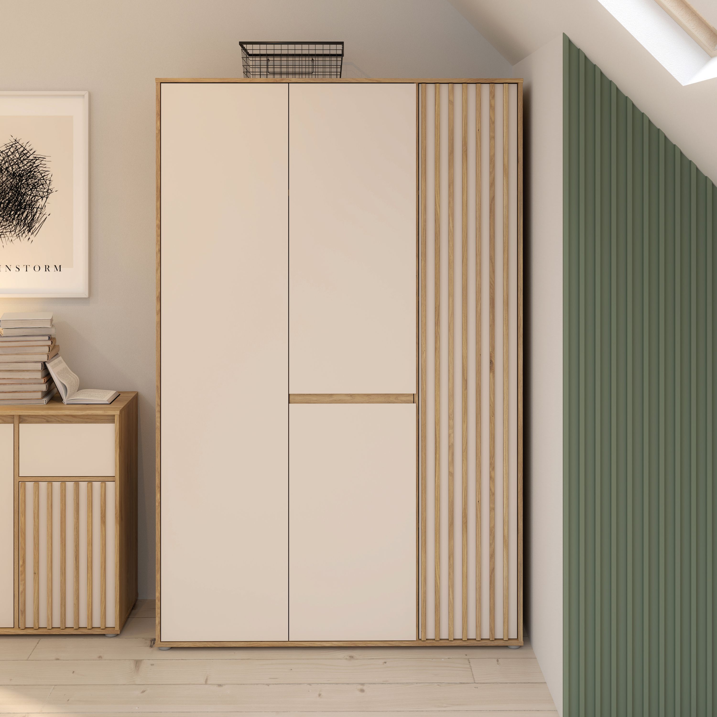 Bedroom wardrobe - ELLISTON - Sand and Oak finish - 3 hinged doors - W128.7 x D54 x H200 cm