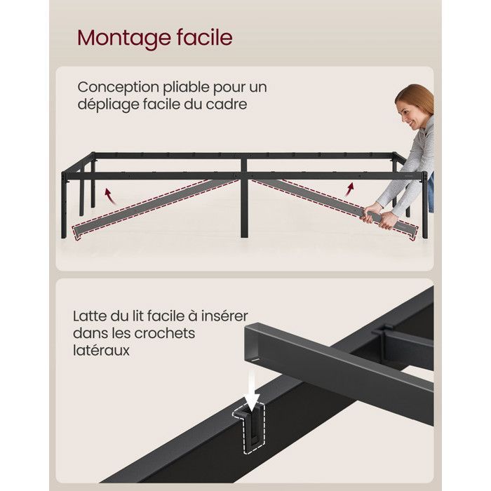 Estructura de cama doble, 160 x 200 cm, estructura metálica, espacio de almacenamiento debajo, estilo moderno, fácil montaje, negro mate.