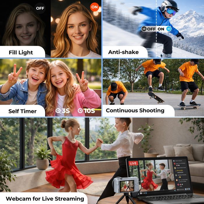 CAMPARK 5K 72MP digitale camera, vlogcamera, 6x optische zoom, 2,8 inch 270° draaibaar scherm, 64GB TF-kaart