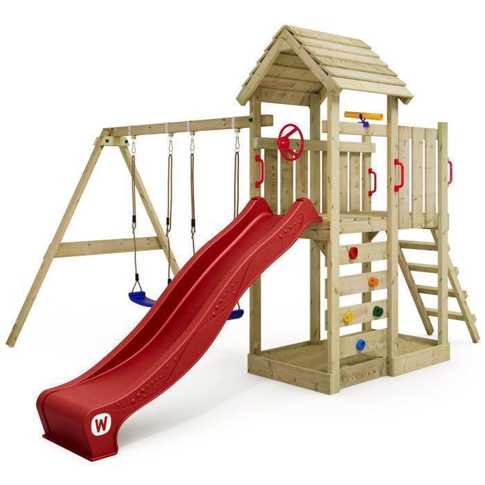 WICKEY MultiFlyer houten speelstructuur met houten dak, dubbele schommel en glijbaan van 220 cm, rood – 10 jaar garantie*