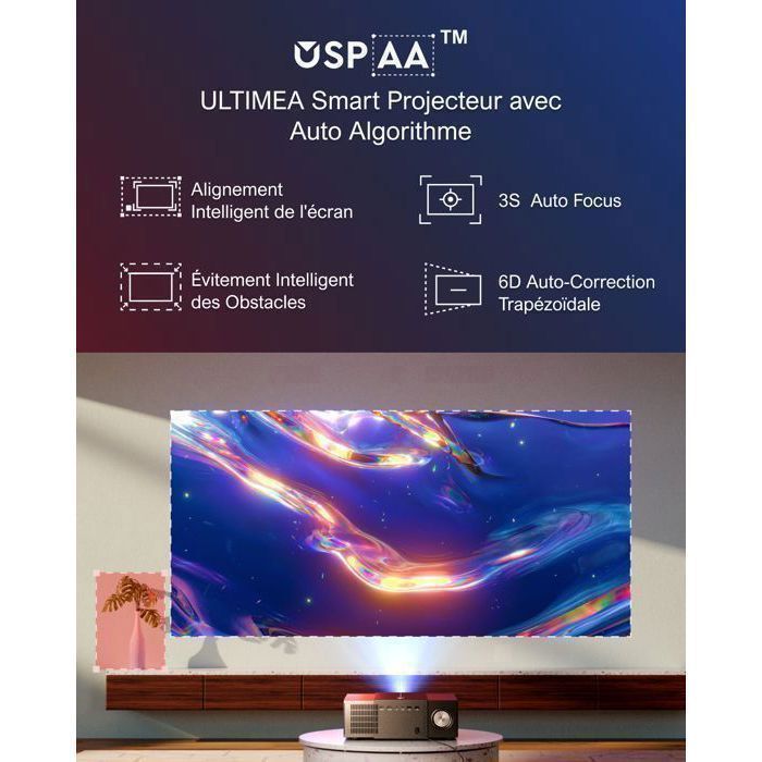 Projetor de vídeo ULTIMEA Full HD, compatível com projetores de vídeo 4K (900 ANSI), detecção de objetos, foco automático 6D/correção trapezoidal, Apollo P60