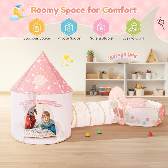 Tente de Jeu 3 en 1 pour Enfants avec Tunnel et Piscine à balles, maisonnette de Jeu château escamotable pour intérieur et