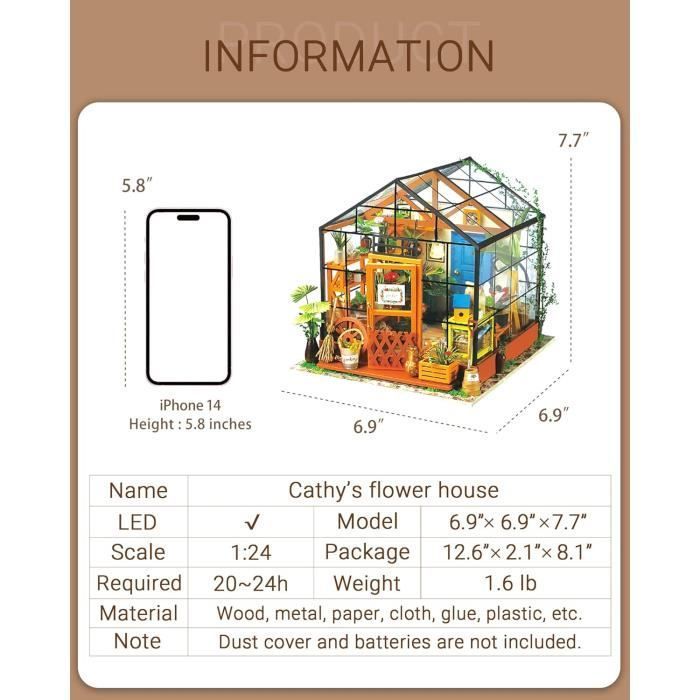 Cathy's Mini Flower House Miniature Dollhouse Greenhouse, Wooden DIY Model Set, Birthday Gift for Adults, Women, and Girls