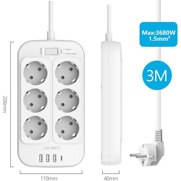 Regleta de enchufes 3M, regleta de 6 tomas con 4 puertos de carga USB (3 USB-A + 1 USB-C), protector contra sobretensiones, pararrayos.