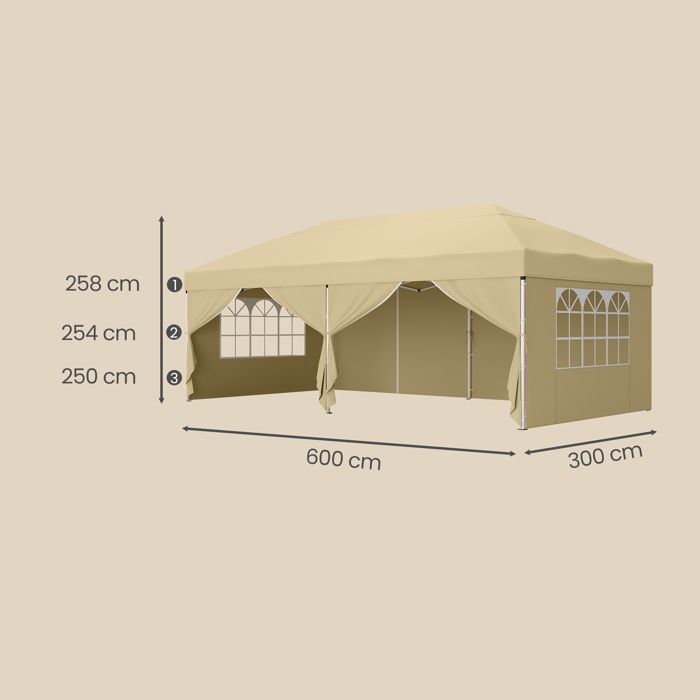 Tonnelle, Protection Solaire, Tente de Jardin, Portable, avec Parois, Usage Extérieur, 6 x 3 m, Beige