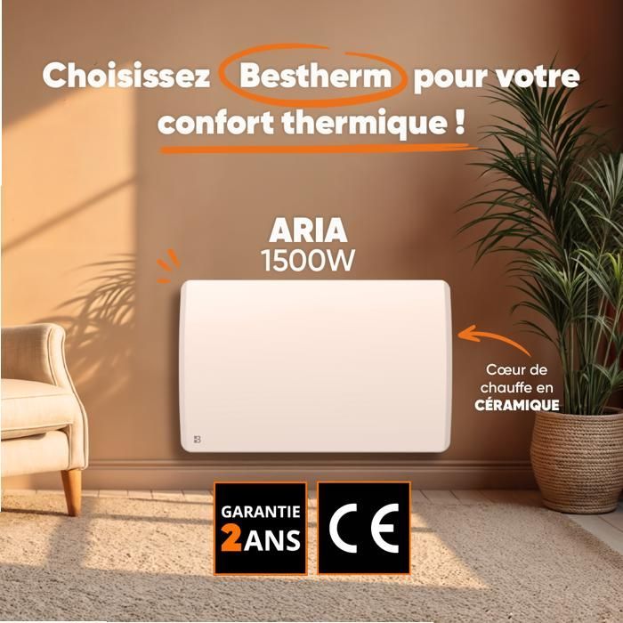Fixed ceramic dry inertia electric radiator - BESTHERM - ARIA 1500W - horizontal white