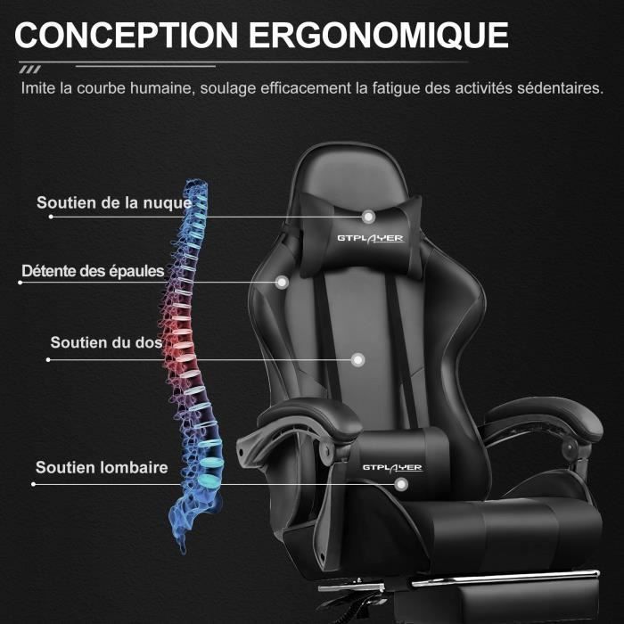 Chaise Gaming Repose Pieds Coussin Lombaire de Massage Fauteuil de Bureau Ergonomique avec Accoudoir Synchronisé (Noir)