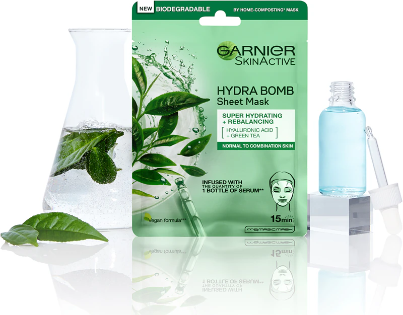 Máscara facial em tecido Garnier Hydra Bomb, intensamente hidratante e purificante, para pele normal e mista.
