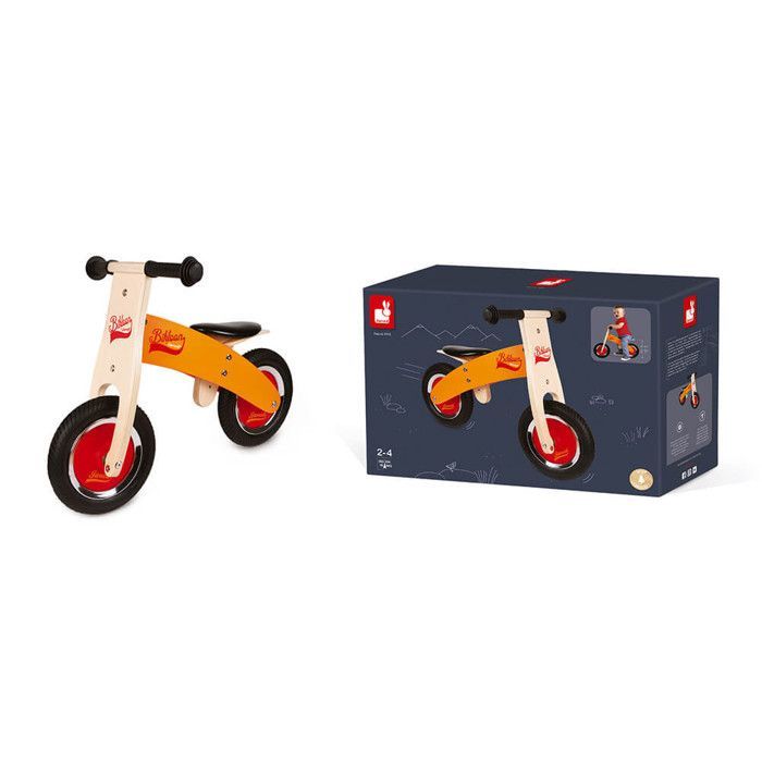 Janod Little Bikloon Wooden Balance Bike - Orange - Ages 2+ - Inflatable Tires - Adjustable Seat