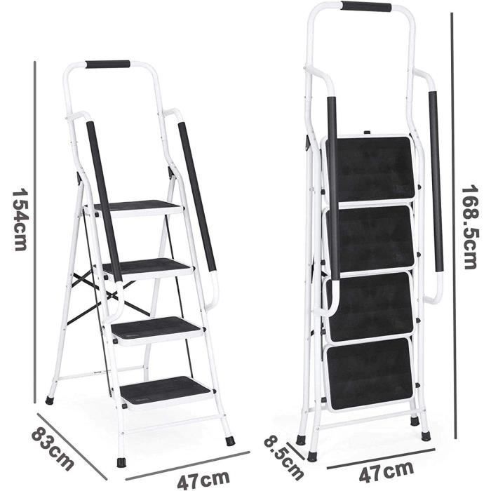 Folding 4-step stepladder, ladder with handrail, 30 cm wide steps, non-slip rubber mat